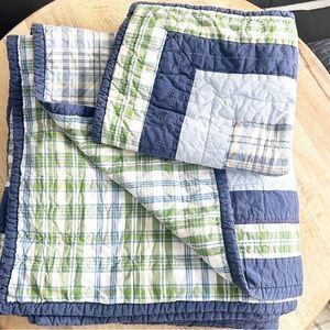 Pottery Barn Kids Blue, Green & White Plaid Quilt & Pillow Sham